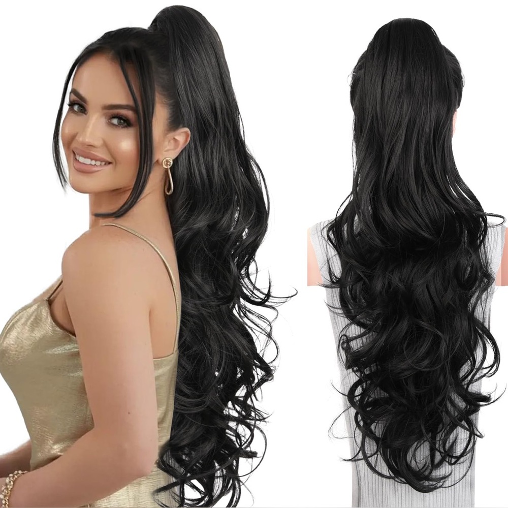 NEW Pony Tail Hair Extension 26 Inch Claw Clip Black Brown Synthetic Tangle Free